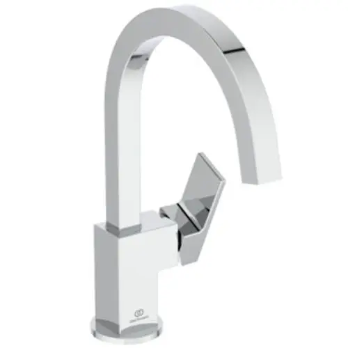 Waschbeckenarmatur in Chromausführung mit hohem, geschwungenem Auslauf. Ideal Standard, modernes Design für Badezimmeranwendungen. Mechanischer Hebel zur Wassersteuerung.